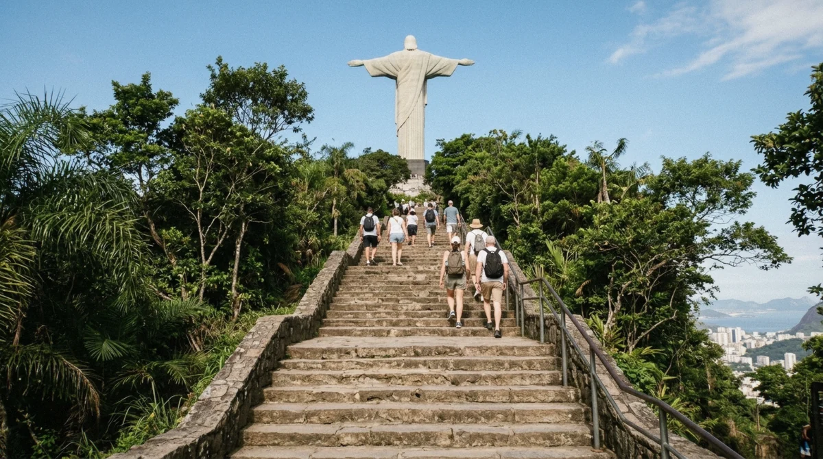 Visitors climbing the stone steps toward Christ the Redeemer during the Corcovado escalator works in Rio de Janeiro